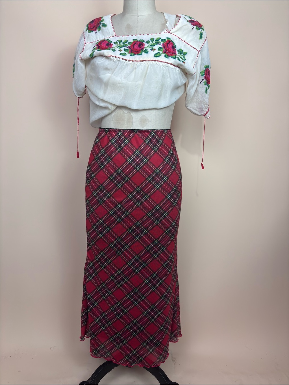 Red Tartan Plaid Mesh 90s Midi Skirt Small - Picture 1 of 7